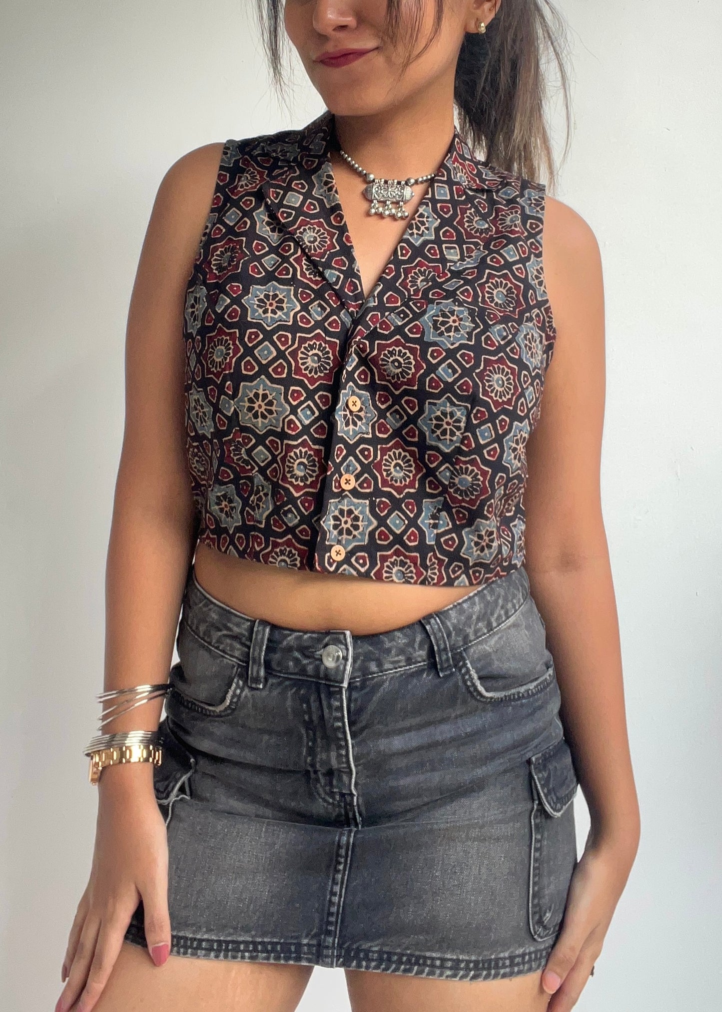 Ajrakh Black Collared Top