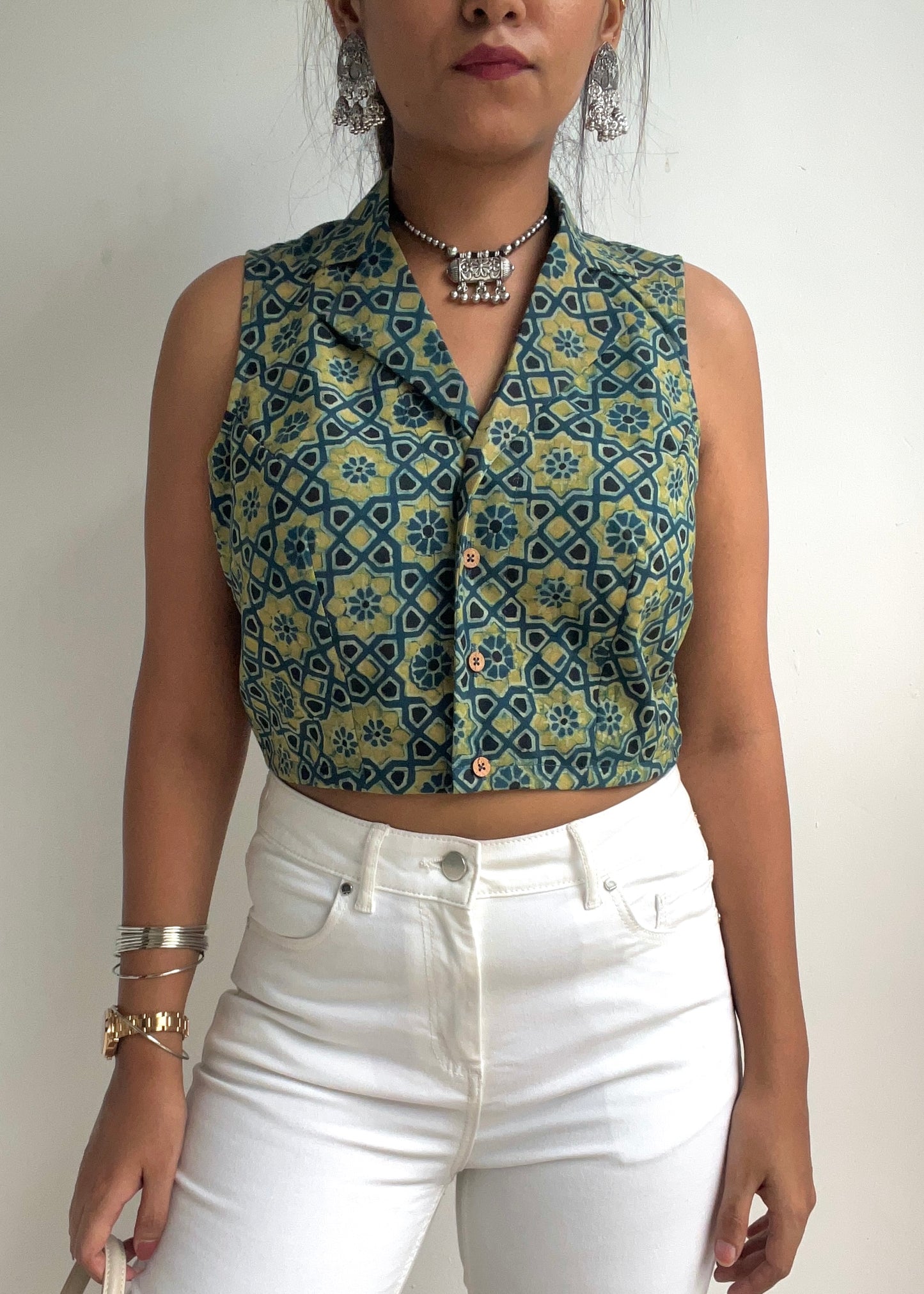 Ajrakh Green Collared Top