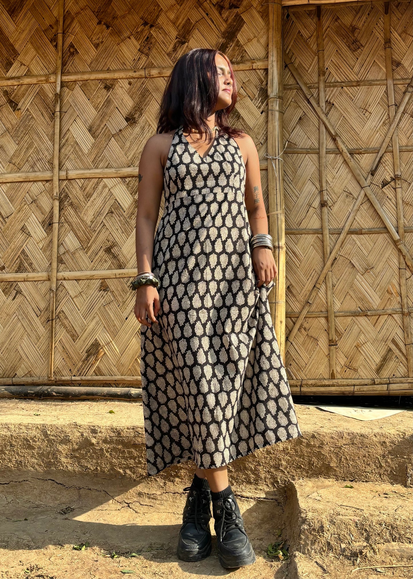 Bagru Black Halter Dress