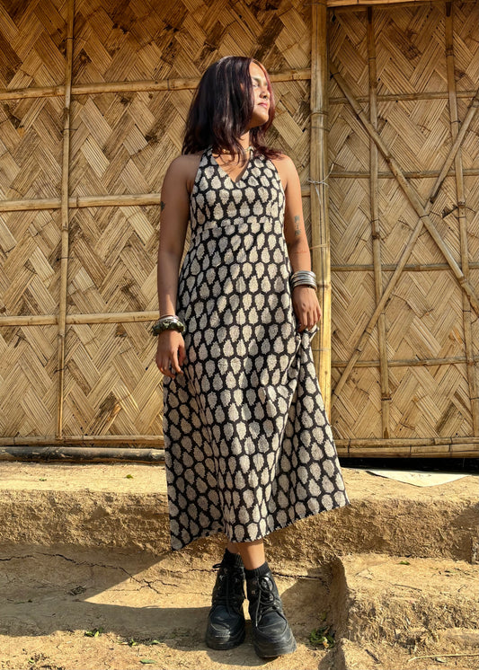 Bagru Black Halter Dress