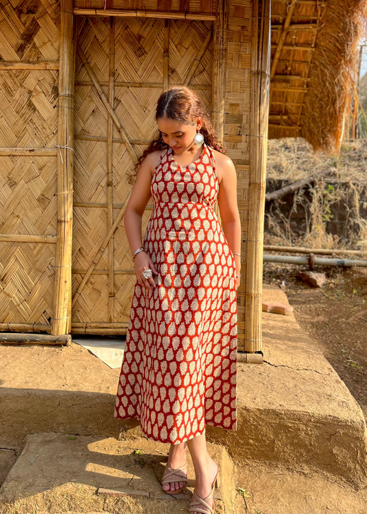 Bagru Rust Halter Dress